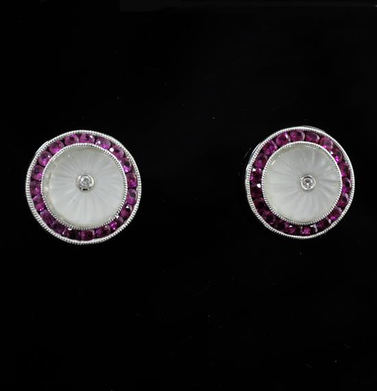A pair of 1920s style 18ct white gold, ruby and diamond set rock crystal? ear studs, 12mm.
